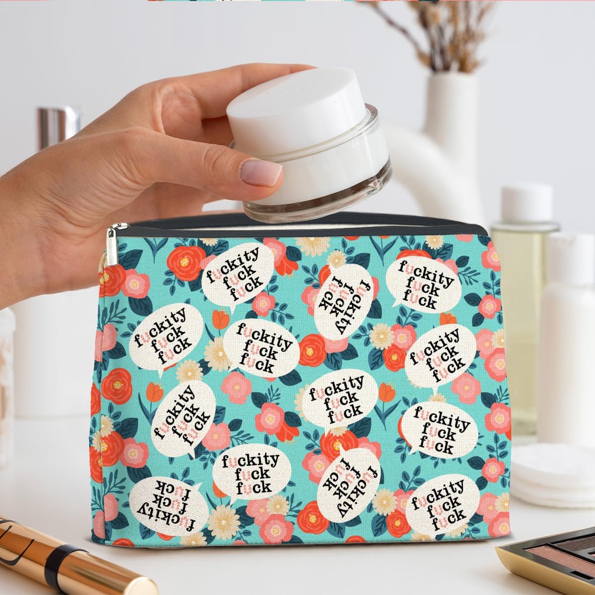 Humor Floral Makeup Bag Gifts for Women Cute Flowers Funny Cosmetic Bag Zipper Pouch