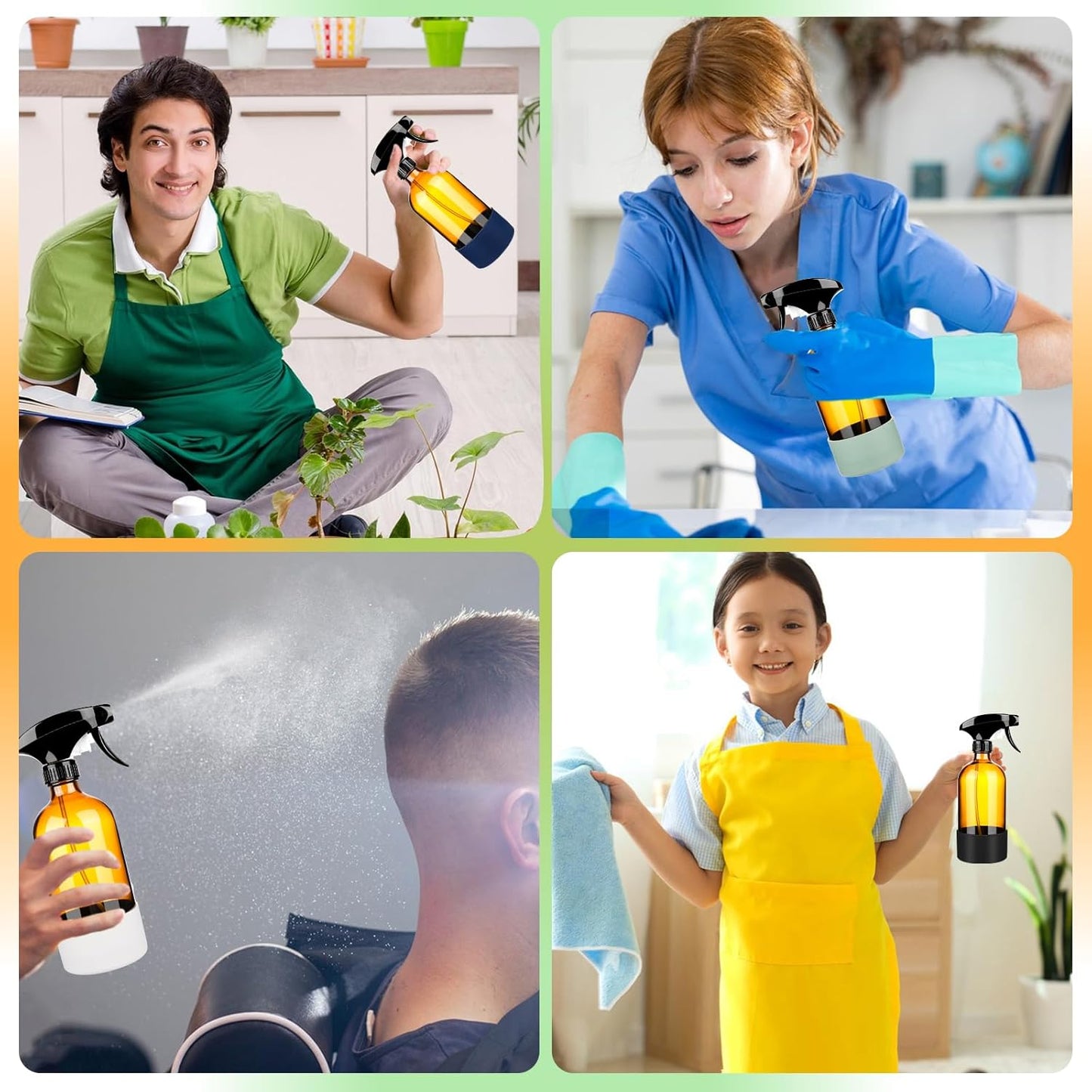 5 Pack/16 Oz Glass Spray Bottles, Refillable Empty Containers with Silicone Sleeve, Upgraded Adjustable Nozzle Spray Bottle Sets for Cleaning, Essential Oils, Hair (Amber)