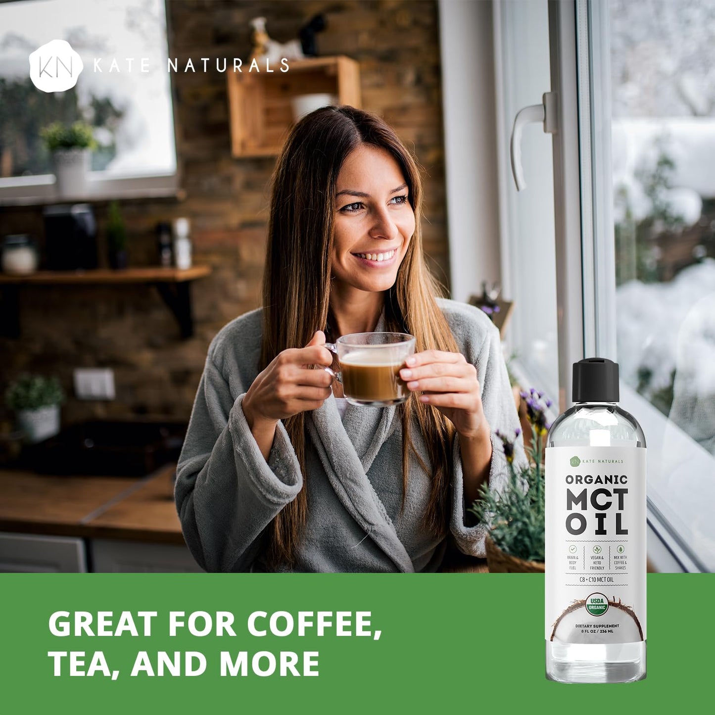 Kate Naturals MCT Oil for Coffee. Pure Coconut MCT C8 and C10 Oil (8oz, Organic, Unflavored)