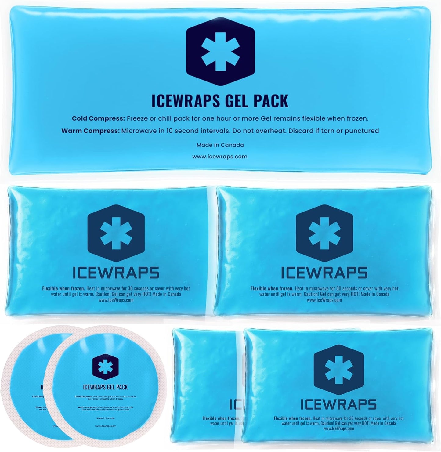 ICEWRAPS Reusable Multipurpose Gel Ice Packs in 4 Sizes - Hot Cold Pack for Kids Injuries, First Aid, Sport Injuries, Breastfeeding, Wisdom Teeth, Muscle and Joint Pain Relief - 7 Pack - Set A