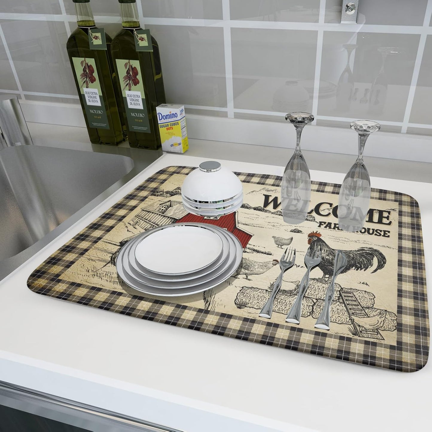 Farmhouse Rooster Dish Drying Mat 18x24 Inch Country Chicken Absorbent Dish Drainer Mat Reversible Countertops Protector Pad Kitchen Accessories