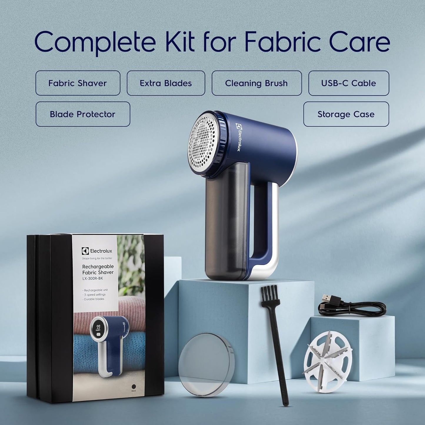 Electrolux Rechargeable Fabric Shaver | 3-Speed Lint Remover for Clothes & Furniture | Eliminates Fuzz & Pilling | Electric Lint Shaver with LED Display & Type-C Fast Charging Port - Blue