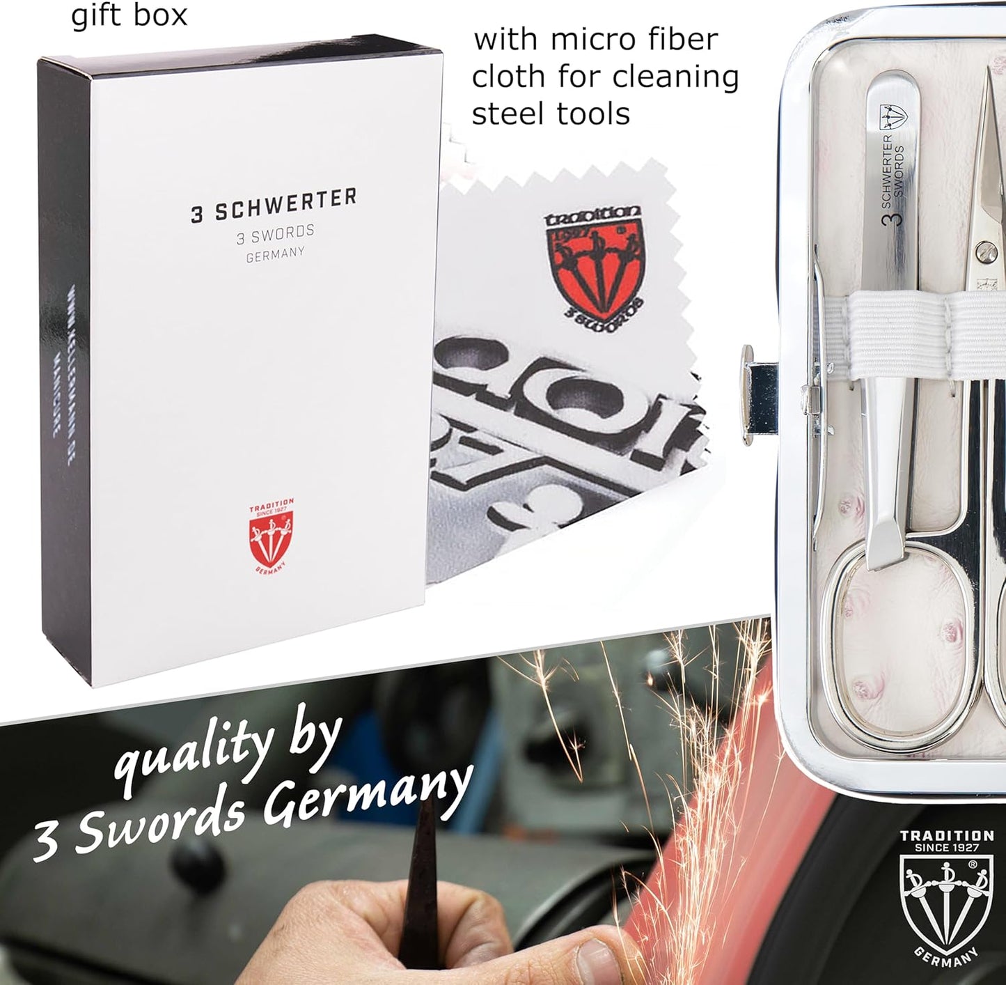 3 Swords Germany - Brand Quality 6 Piece Manicure Pedicure Grooming kit Set - Scissors, Metal and Glass Nail File, Clipper, Tweezers with Synthetic Leather case - Ostrich