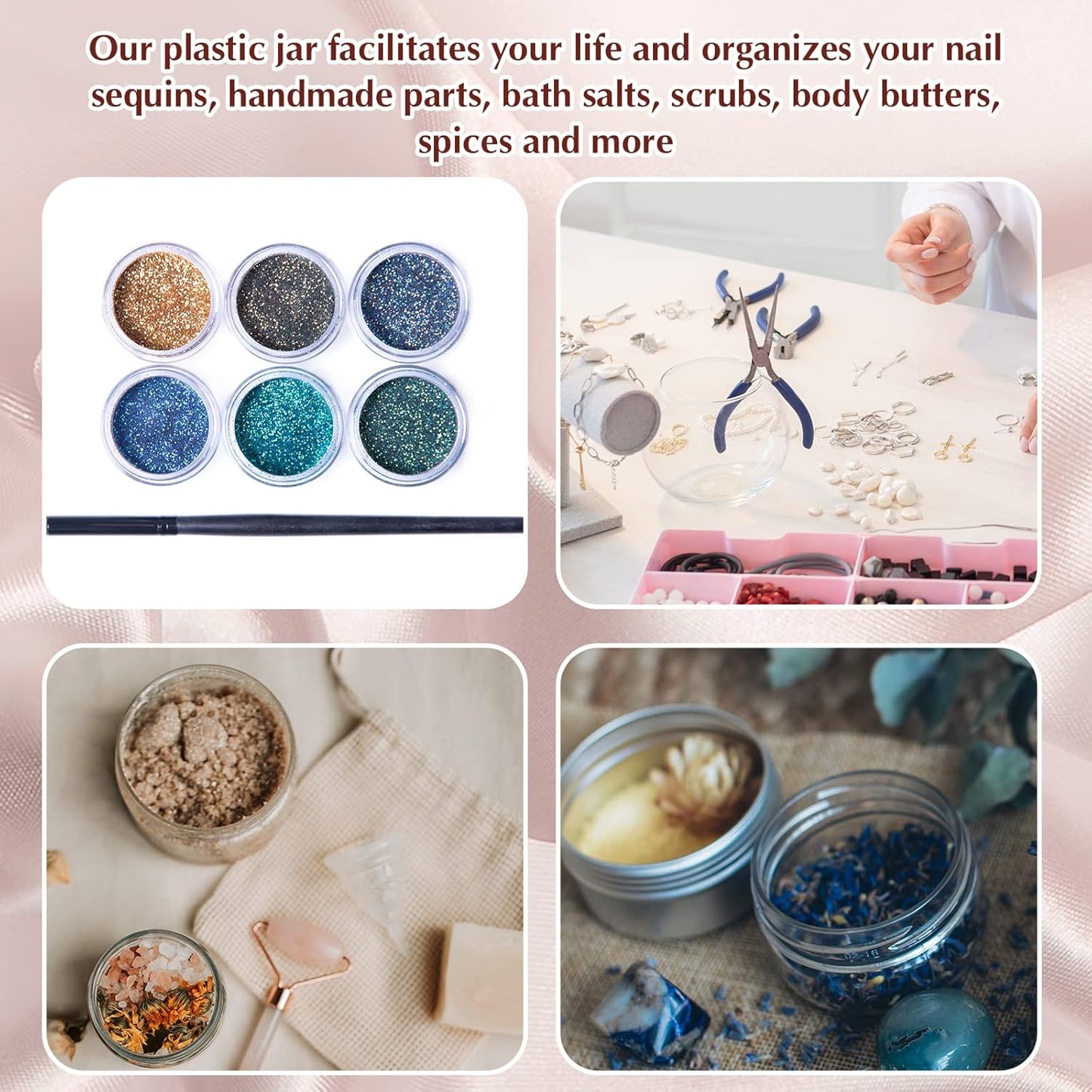 SATINIOR 100 Pcs Plastic Jars with Lids Small Containers Lids Wide Mouth Small Plastic Containers for Lotion Cream Rhinestones Body Butters Travel Storage (2 oz,White)