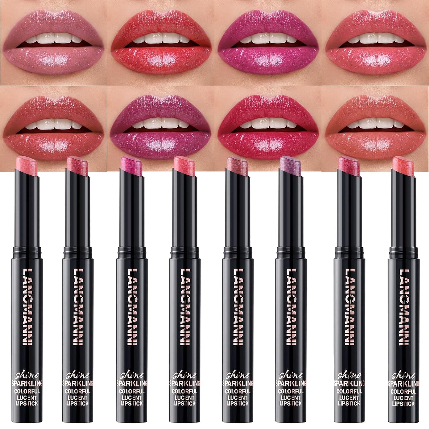 Jolilab 8Pcs Sparkling Lipstick Lip Gloss Long Lasting Waterproof Moisturizer Lip Balm Glitter Shimmer Metallic, Diamond Shiny Bold Glow Goth Lipstick for Women Girls, Non-sticky