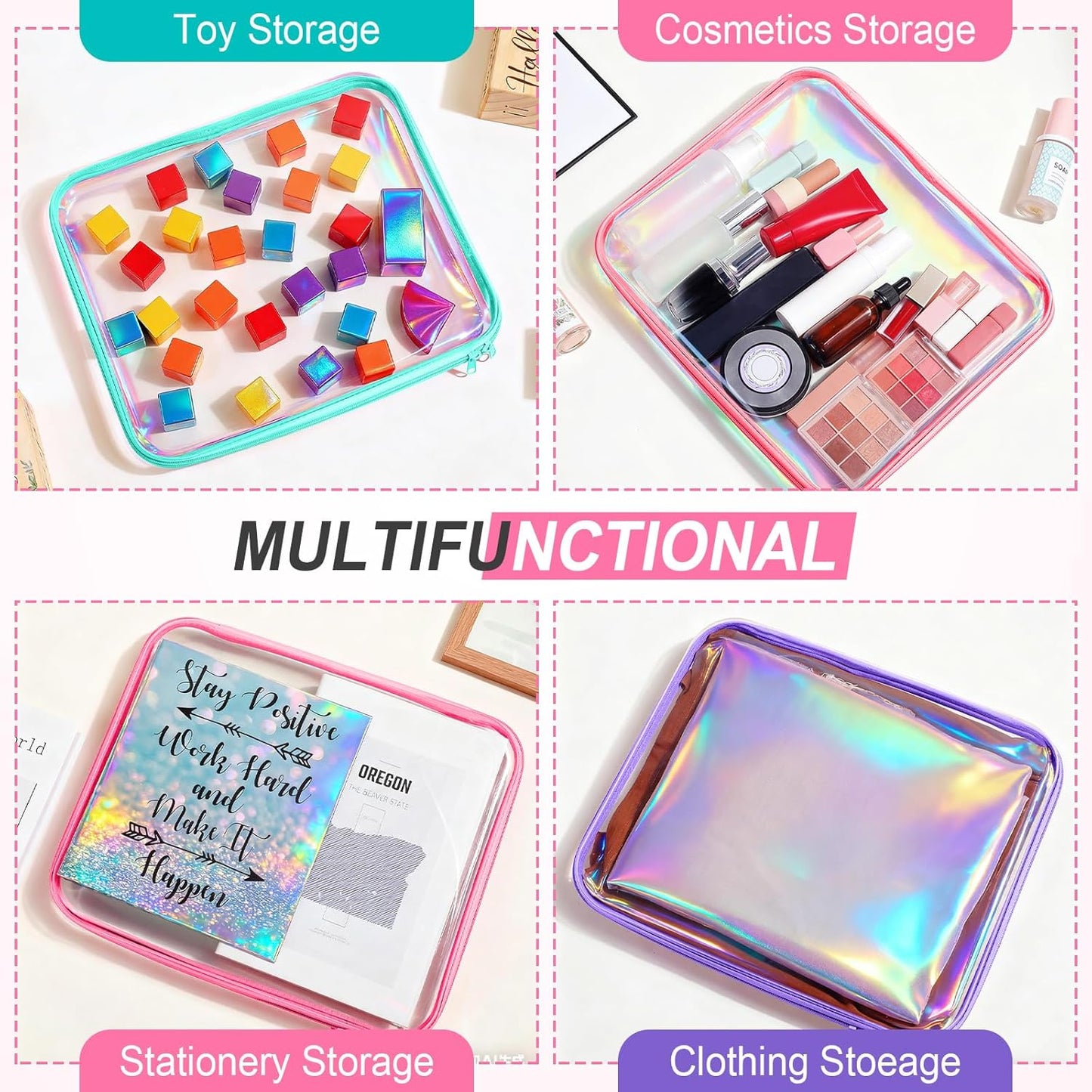 Hoolerry 3 Pcs Clear Hard Zipper Case Plastic Pouch Transparent Hard Case Clear Makeup Bag Portable Travel Organizer Bin for Cosmetics, Building Blocks, Puzzles(Laser,L)