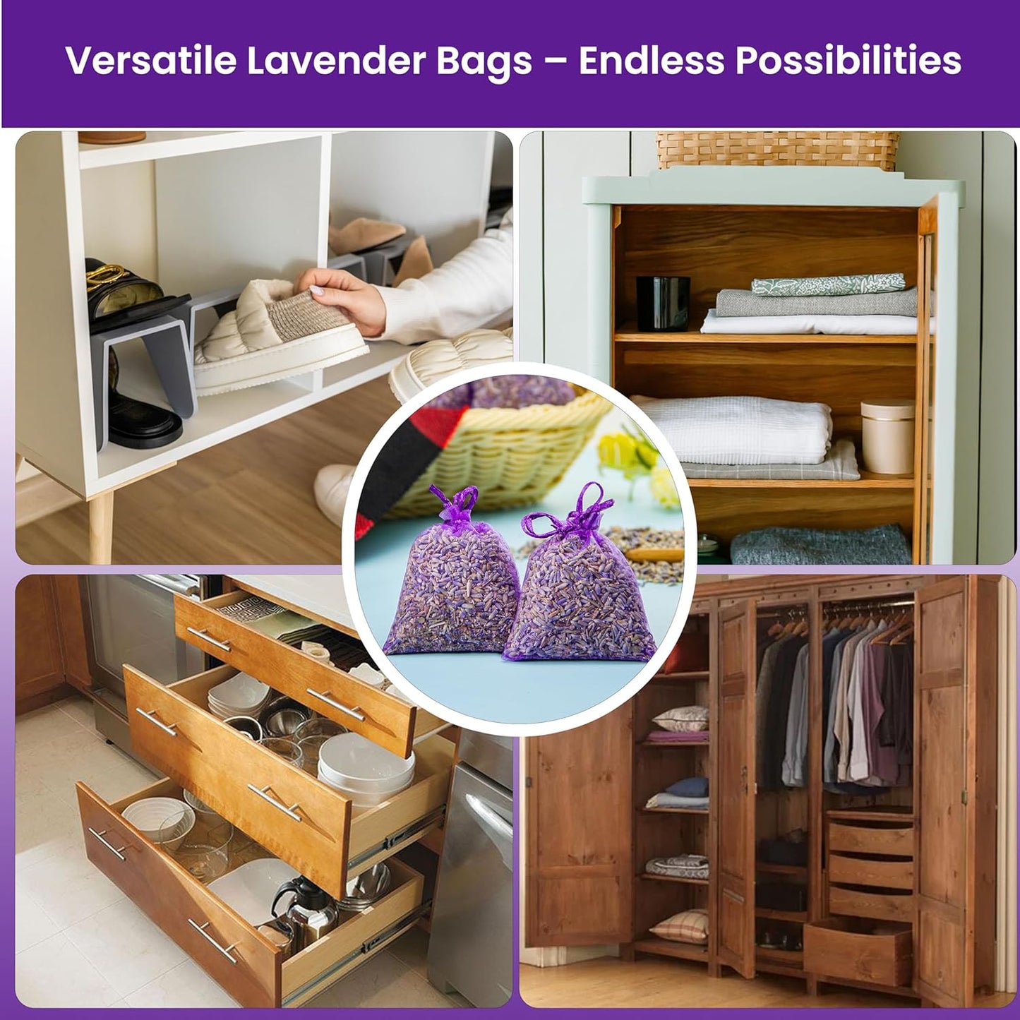 14 Pack Organic Lavender Sachet Bags for Drawers and Closets - Natural Fresh Dried Lavender French Potpourri Bags for Clothes Storage - Scented Sachets for Drawers, Wardrobes, Cars & Home.
