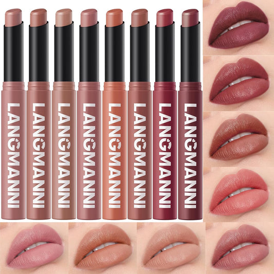 Jolilab 8Pcs Velvet Matte Lipstick Nude Matte Soft Dark Color Stick High Pigmented Long-Lasting Waterproof Lip Stick Lip Balm Beauty Cosmetics Gift for Girls and Women(01-06+11+12