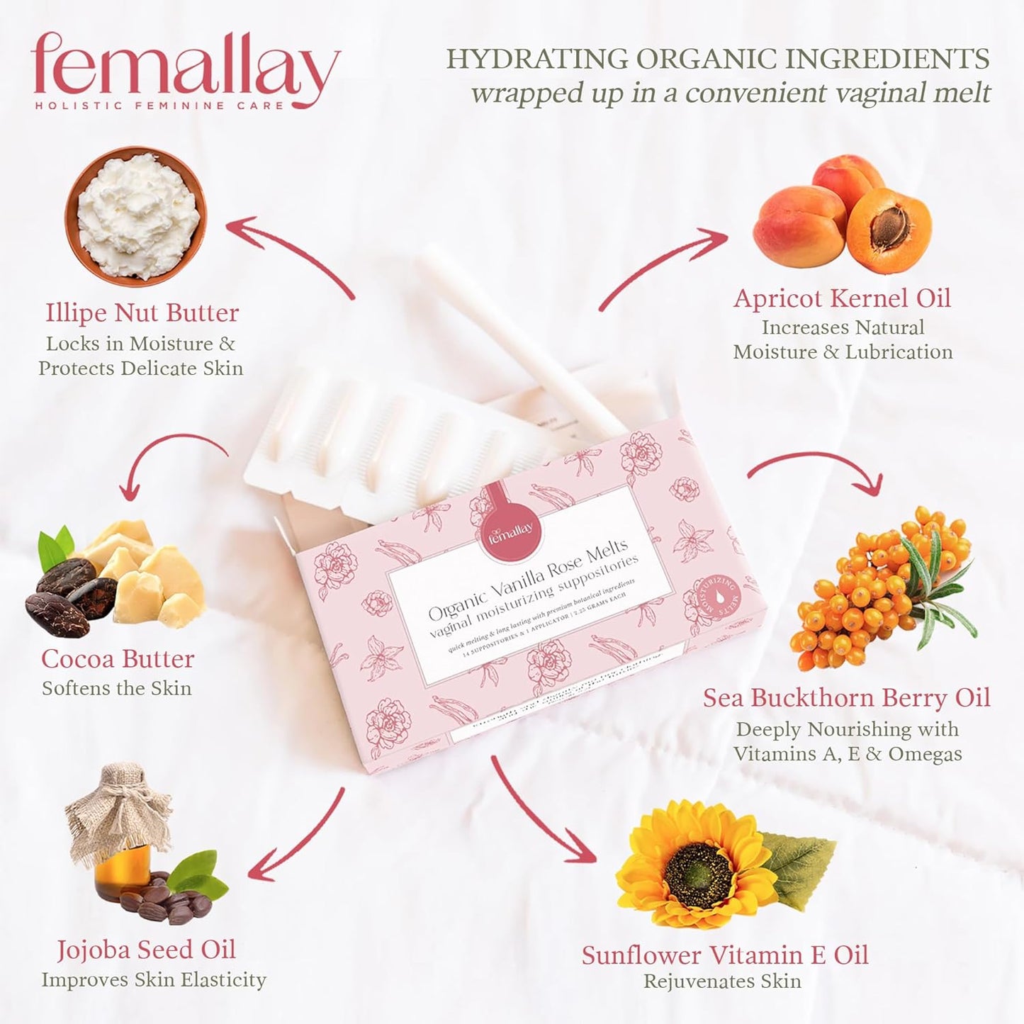 Femallay Organic Vaginal Moisturizing Suppositories – Rose – 100% Natural Relief for Dryness, Odor & Daily Feminine Discomfort – 14 Count + Applicator