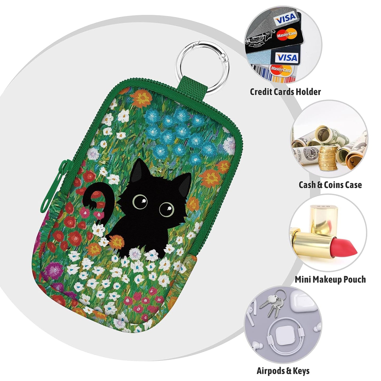 Floral Black Cat Hand Sanitizer Spray Case, Cute Hand Sanitizer Holder Zippered Pouch, Fashion Accessory with Snap Hook for Glow Mist and Power Mist 1FL OZ