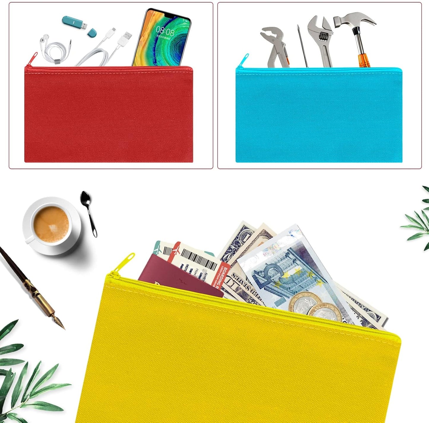 12 Pieces Cotton Canvas Makeup Bag, Multipurpose Cosmetic Bag with Zipper Travel Toiletry Pouch, Blank DIY Craft Bag (Multicolored A, S)