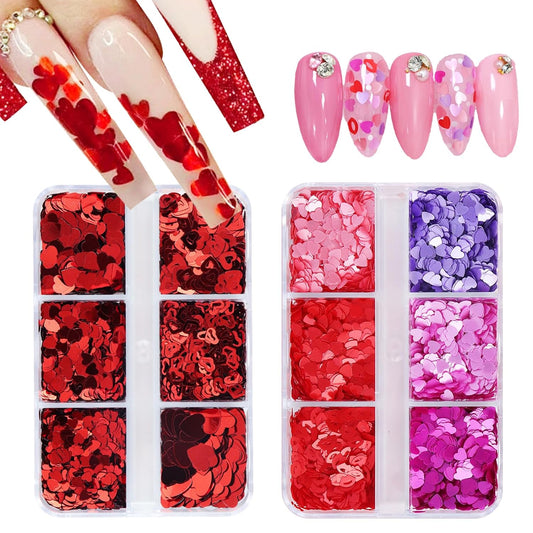 12 Grids Valentine’s Day Nail Art Glitter Sequins 3D Laser Red Pink Heart Glitters Nail Decals,Holographic Love Heart Nail Art Supplies for Women Manicure Charms Decorations Body Makeup Sets
