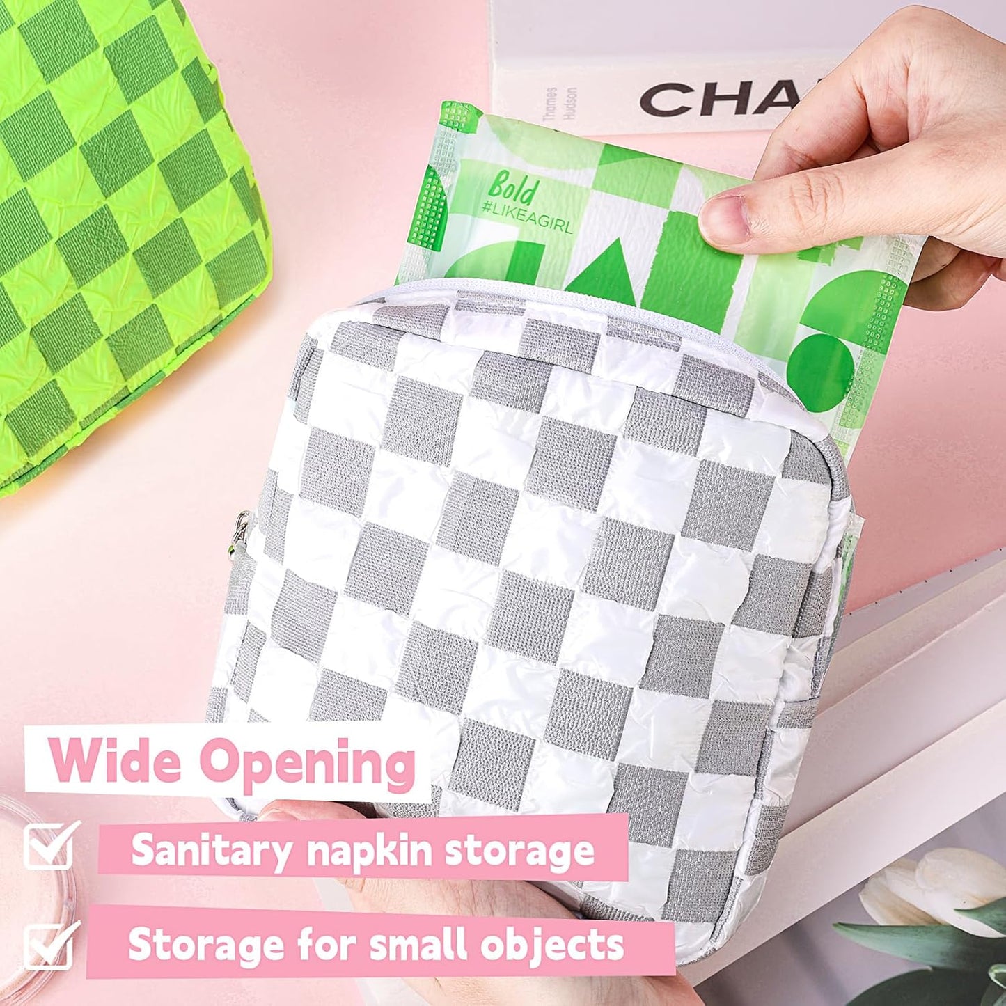 Desing Wish Sanitary Napkin Storage Bag Polyester Fabric Period Bag for Teen Girls Sanitary Pad Pouch for Sanitary Napkins/Tampons/Panty Liners Privacy Protector Pad Bag (Bubble-Check, Neon Green)