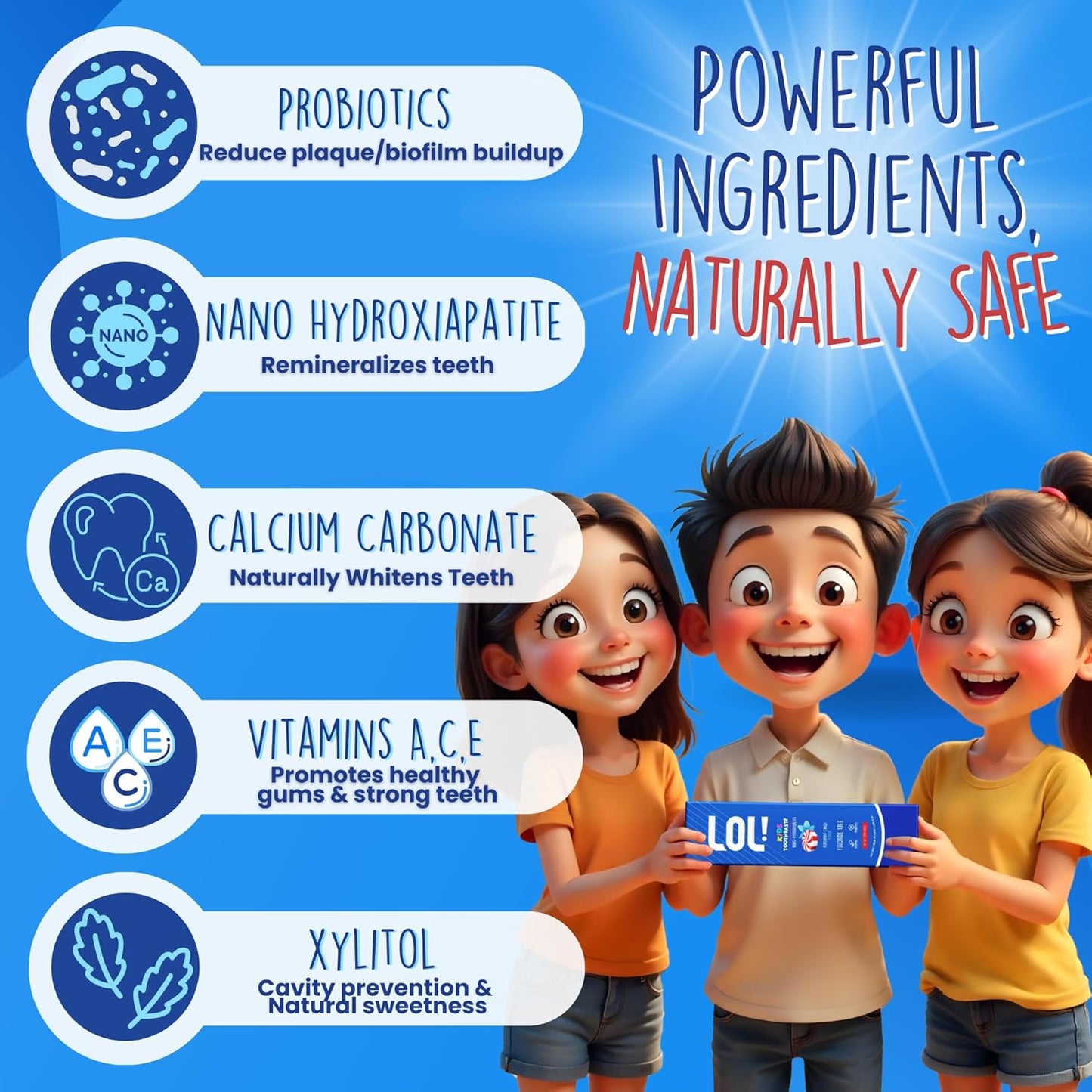 LOL Kid Toothpaste Fluoride Free, Nano Hydroxyapatite Toothpaste Kids, Probiotics & Xylitol Tooth Paste Kids | Remineralizing | Natural | Plant-Based Foam | Pasta De Dientes para Niños (Peppermint)