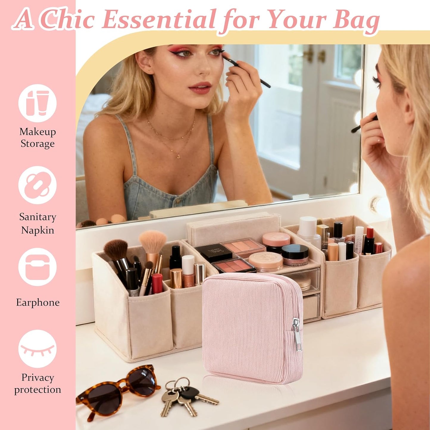 4 Pcs Period Bags For Teen Girls, Corduroy Sanitary Napkin Storage Bag First Period Pad Pouches Tampon Holder for Purse with Zipper