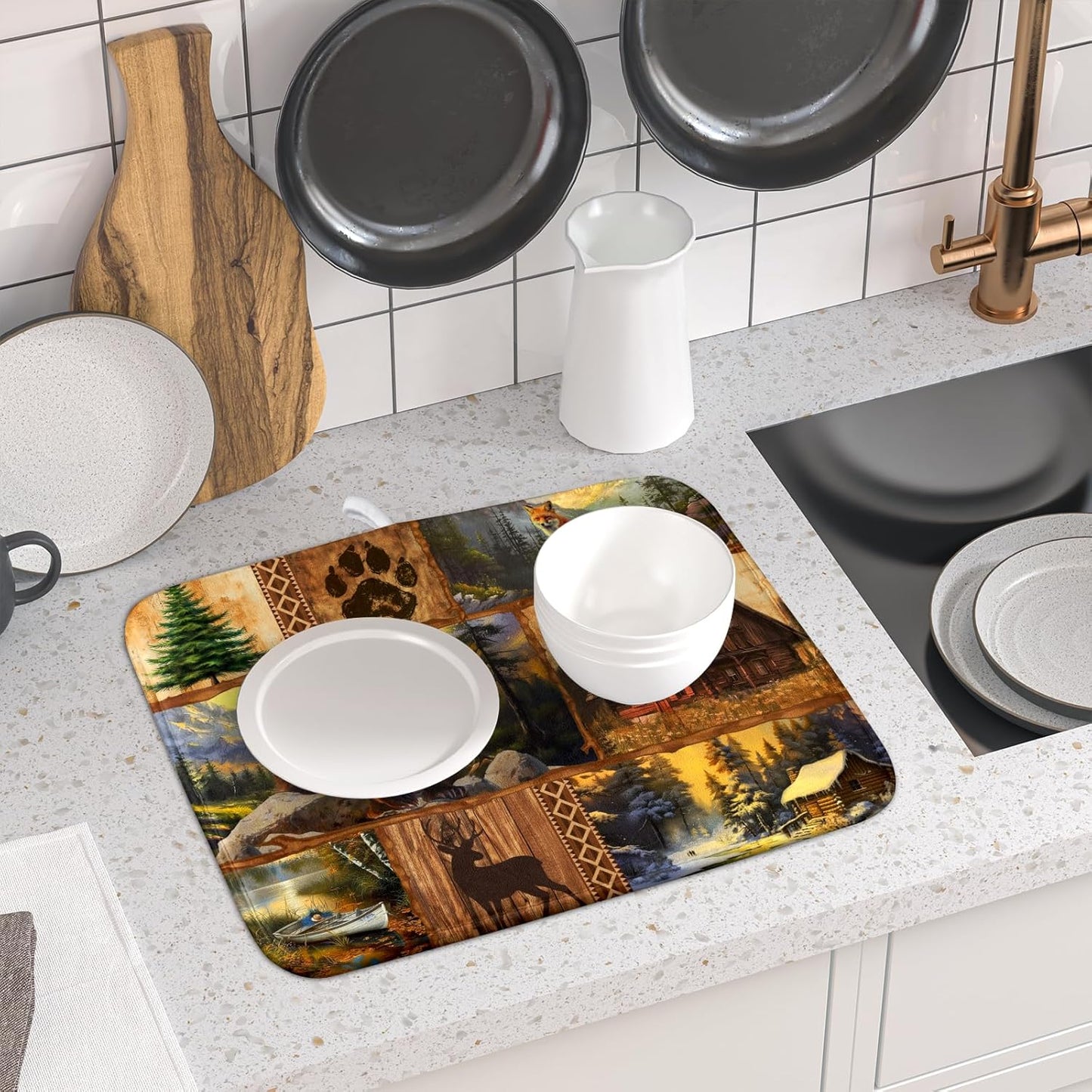 Bear Deer Fox Dish Drying Mat Rustic Cabin Lodge Dish Drainer Mats 16x18 Inch Absorbent Washable Dishes Rack Pad for Sink Kitchen Counter