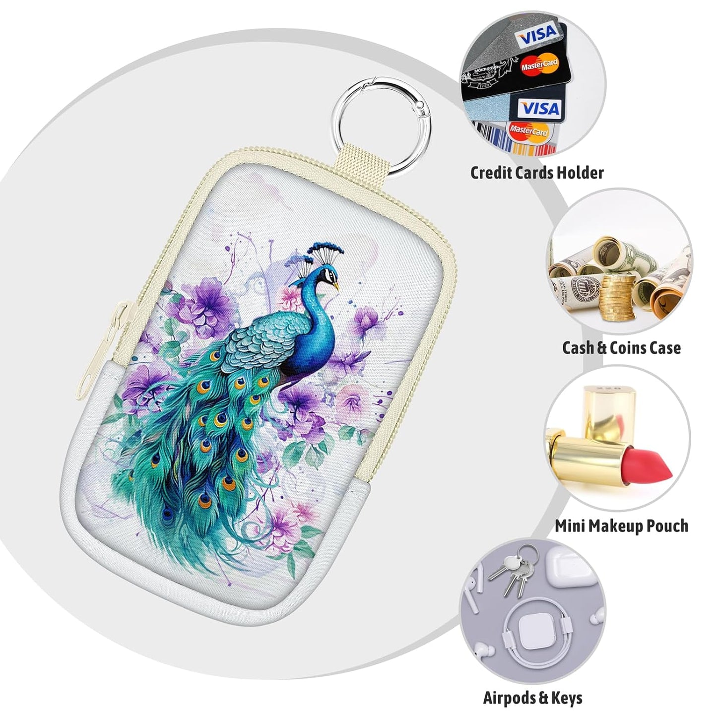 Peacock Hand Sanitizer Spray Case, Cute Hand Sanitizer Holder Zippered Pouch, Fashion Accessory with Snap Hook for Glow Mist and Power Mist 1FL OZ