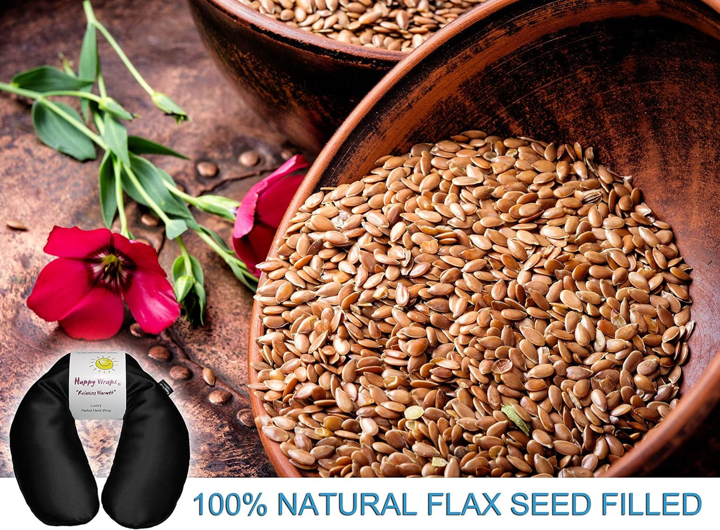 Microwavable Herbal Neck Wrap - Hot Cold Aromatherapy Neck Warming Pillow - Heating Pad for Migraines, Stress, Gifts for Women, Birthdays, Christmas and Free Sleep Mask - Onyx Satin