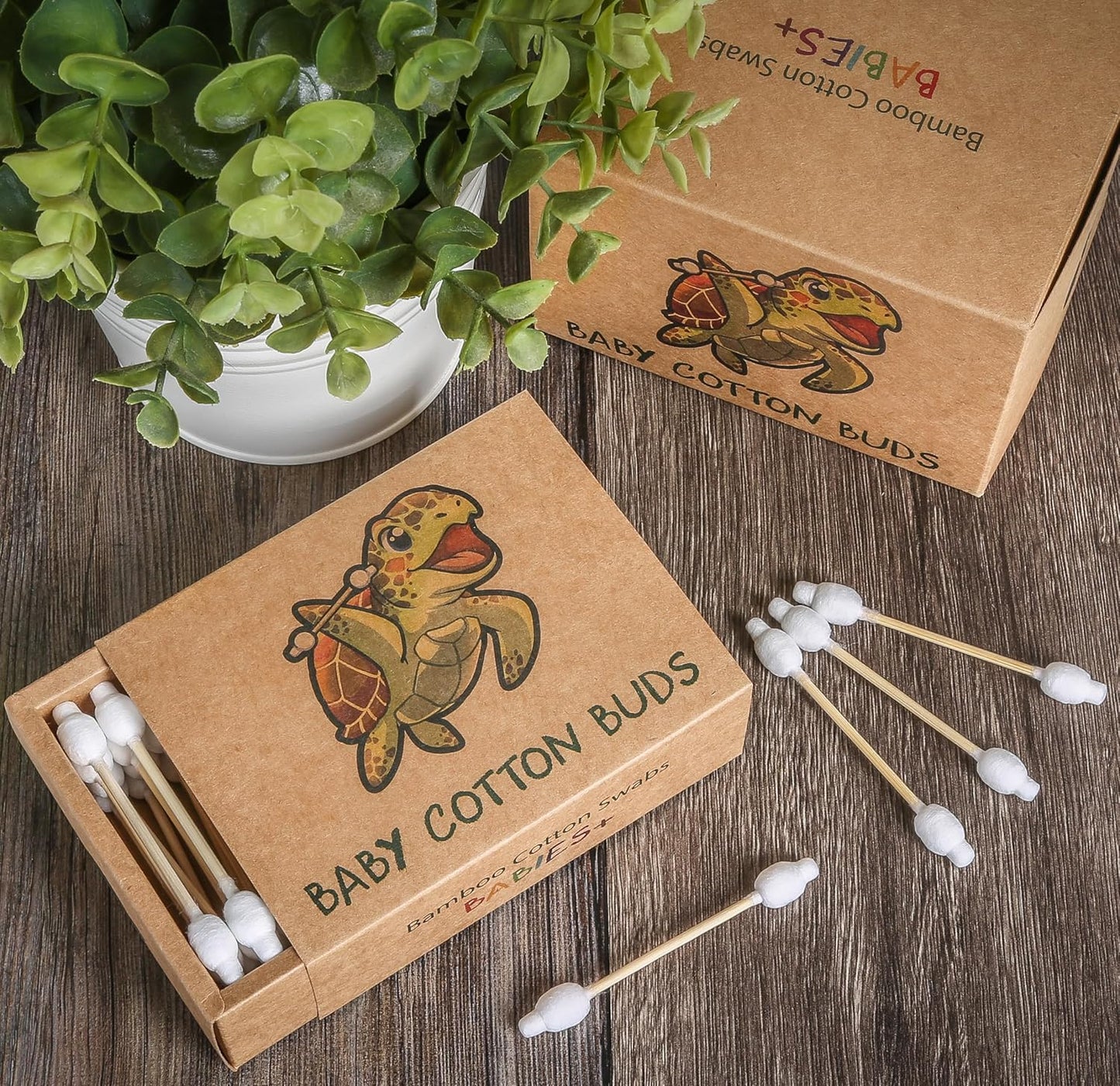 Sea Turtle Bamboo Cotton Swabs, Baby Safety Rim (100 Count) - Vegan, Eco Friendly, Organic, Double Tips, Plastic Free Wooden Ear Sticks, All Natural 100% Biodegradable Cotton Buds