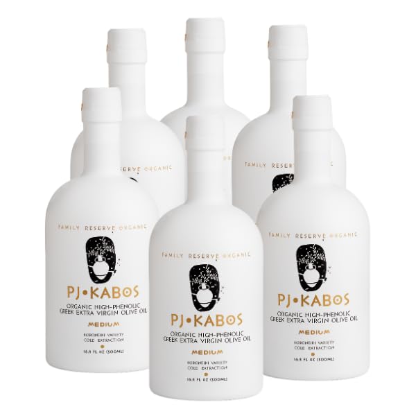 P.J. KABOS 2024/25 Harvest, High Phenolic (500+mg/kg), USDA Organic Greek Extra Virgin Olive Oil, Kosher, Greece, Cold Extracted, 6 x 16.9 oz, Koroneiki, "Family Reserve Organic -Medium"