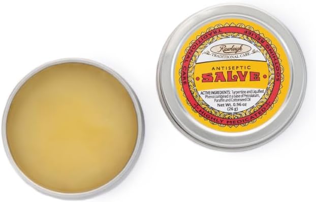 Rawleigh Antiseptic Yellow Salve Small Tin: 0.96 oz, Natural, Multi-Purpose Ointment Soothes Skin Cuts, Bruises, Irritations, with Turpentine, Phenol, Cottonseed Oil, Original Formula - Pack of 12