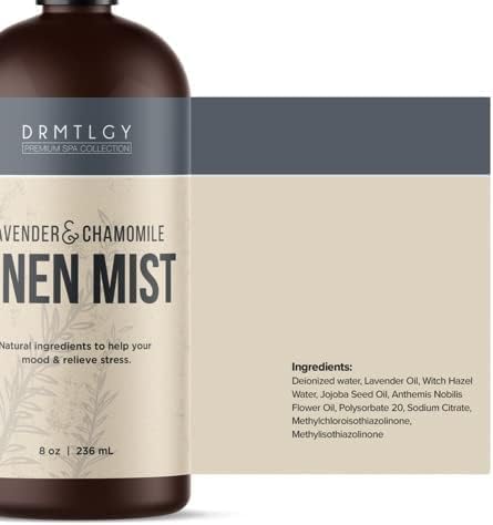 DRMTLGY Natural Lavender Linen Mist and Room Spray. Pure Lavender Essential Oil and Chamomile Pillow Spray, and Fabric Aromatherapy Spray, 8oz, 2 pack