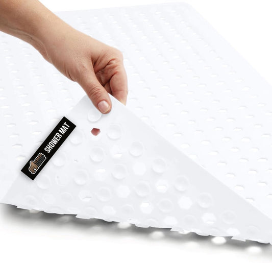 GORILLA GRIP Patented Bath Tub Shower Mat, Machine Washable Bathtub Floor Liner Mats, Suction Cups and Drain Holes to Keep Tubs Clean, Soft on Feet, Bathroom Essentials, 35x16 Inch, White