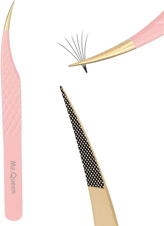 Ms.Queen Dolphin Tweezers for Eyelash Extensions,Professional Fiber Tip Curved Isolation Lash Tweezers with Diamond Grip