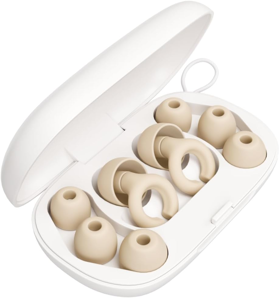 Hush Hoops Ear Plugs, Ultra-Soft Reusable Silicone Plugs with Horseshoe Shape for Comfort, Designed for Sleep and Sound Suppression, 17dB (NRR) Noise Reduction Rating, Cream, 1 Pair with Travel Case