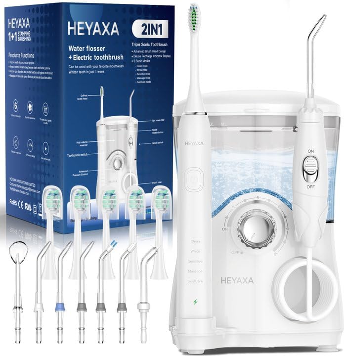 Water Flosser & Ultrasonic Electric Toothbrush Combo, 600ML Water Dental Flosser with 7 Jet Tips, 10 Adjustable Water Pressure, 5 Toothbrush Heads for Home Use, Gums, Braces (White)