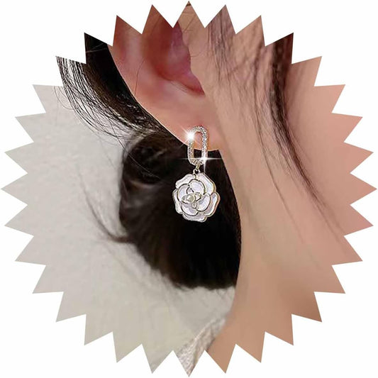 Vintage Black Crystal Flower Drop Earrings Black Flower Earrings Pearl Camellia Earrings Black Camellia Stud Earrings Jewelry for Women