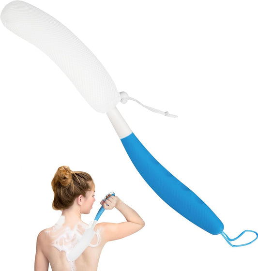 Long-Handle Back Bath Brush, with Anti-Slip Long-Handle Back Scrub net, is Used for Auxiliary Bath and Shower for The Elderly and People with Limited Activities (Blue-White)