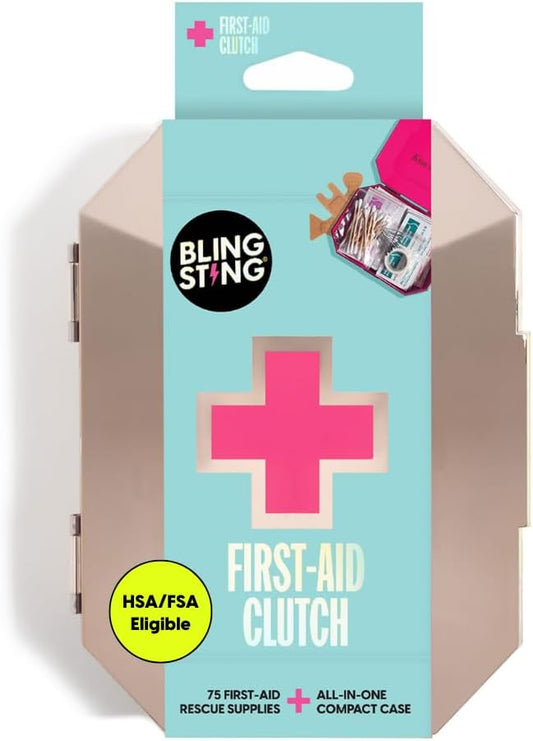 BLINGSTING First Aid Kit - 75 Essential First-aid Supplies, Bandages, Wipes, Gold Travel Case - Multipurpose Mini Emergency Kit for Women - Pink Interior - Compact & Versatile - TSA Approved (1 Count)