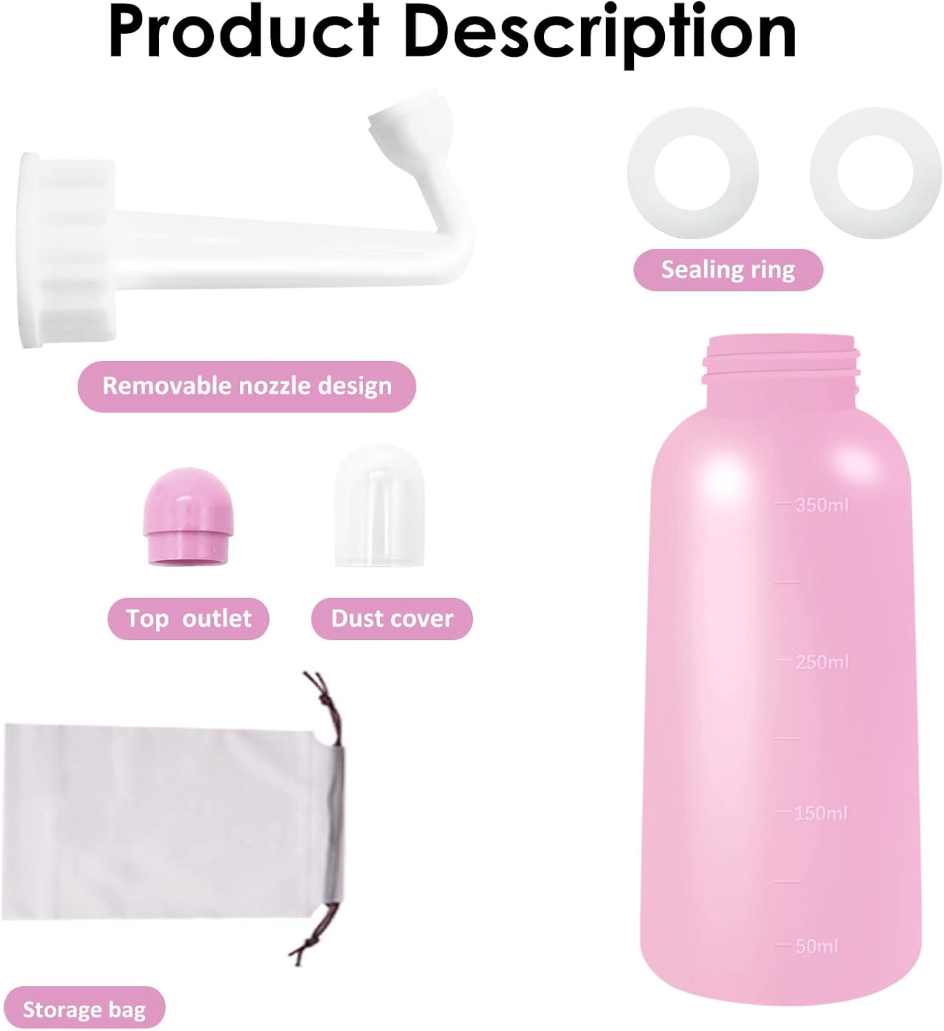 RUFCRIL Mini Peri Bottle, 350ml Portable Travel Bidet with Extra Ring and Carry Bag, TPE Material for High Temperature Resistance, Essentials for Postpartum Perineal Care,Hemorrhoid Treatment, Pink