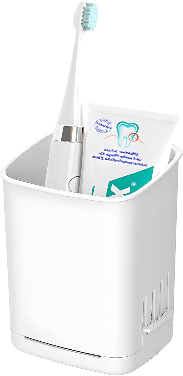 Toothbrush Holder Cup Wall Mounted Drill-Free for Bathroom Shower Electric Toothbrush Toothpaste Razor Holder Removable Waterproof Sturdy Self Draining, Tableware Holder for Kitchen(1pcs&White)