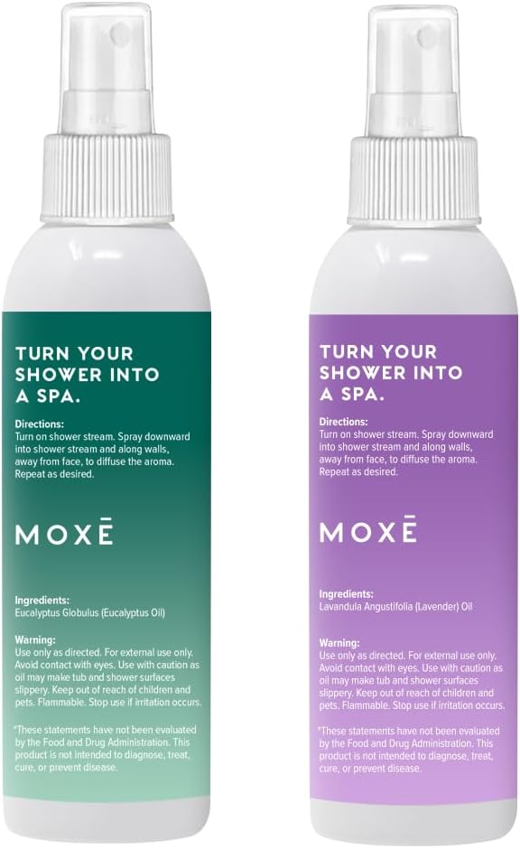 MOXE Shower Mist, Spa Steam Spray, Certified Natural Essential Oils, Aromatherapy, Calming Relief (Lavander and Eucalyptus, 4 Fl Oz (Pack of 2))