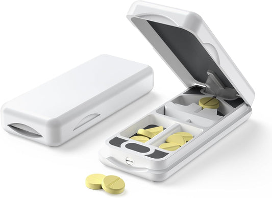 Pill Cutter with Auto Centering Device, Aluminum Pill Splitter with 316L Stainless Blade, Genuine Leather Case, Professional Pill Splitter for Cutting Small Pills or Large Pills(Plastic,White)