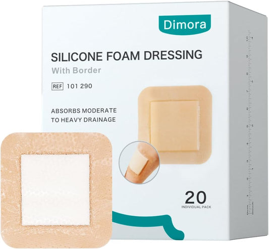 Dimora Silicone Foam Dressing 3x3 inch with Border 20 Pack, Wound Bandage, Gentle Adhesive Waterproof Pads for Sensitive Skin Wound Care 7.5x7.5 cm