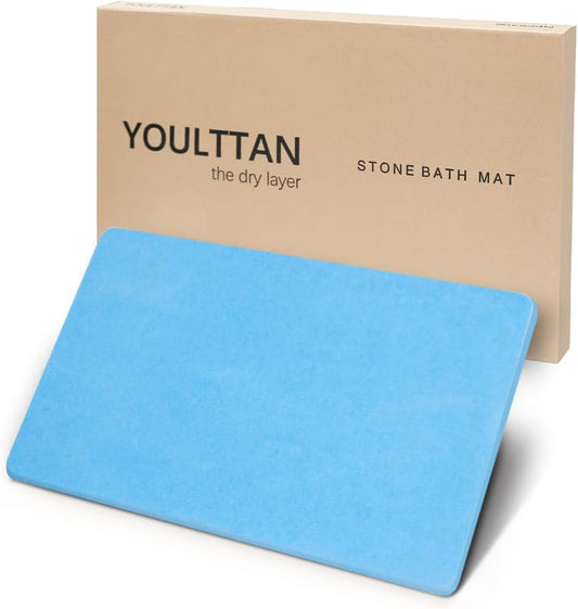 Stone Bath Mat 24"x16" - Diatomaceous Earth Shower Mat, Quick Dry, Anti-Slip, Modern Design with Bonus Non-Slip Pad - Perfect for Home Safety and Style, (Blue)
