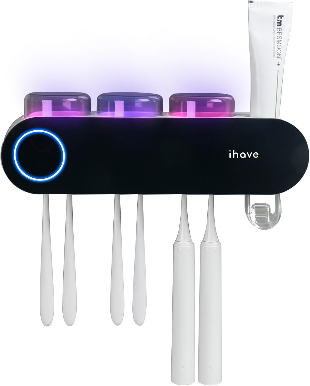 iHave Wall Mounted Electric Toothbrush Holders with 3 Cups, UV Sanitizer, Toothpaste Dispenser, Smart Home Bathroom Accessories & Decor, Black
