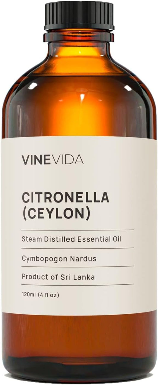 VINEVIDA Citronella Ceylon Essential Oil 4 oz - Undiluted Citronella Oil 4 oz - Citronella Candle Oil Scent - DIY Candle Scents for Candlemaking - Bulk Essential Oil for Soap Making Safe for Skin