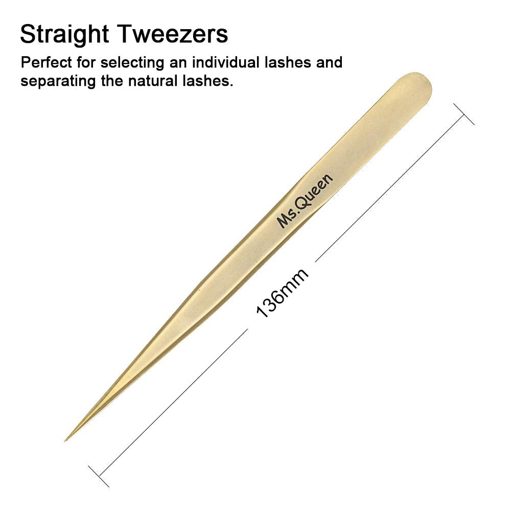 Ms.Queen Eyelash Extension Tweezers Set-Precision Tweezers for 2D-6D Volume&Individual False Lashes Extensions with PU Storage Case-Golden (Straight Tweezers/M003-5)