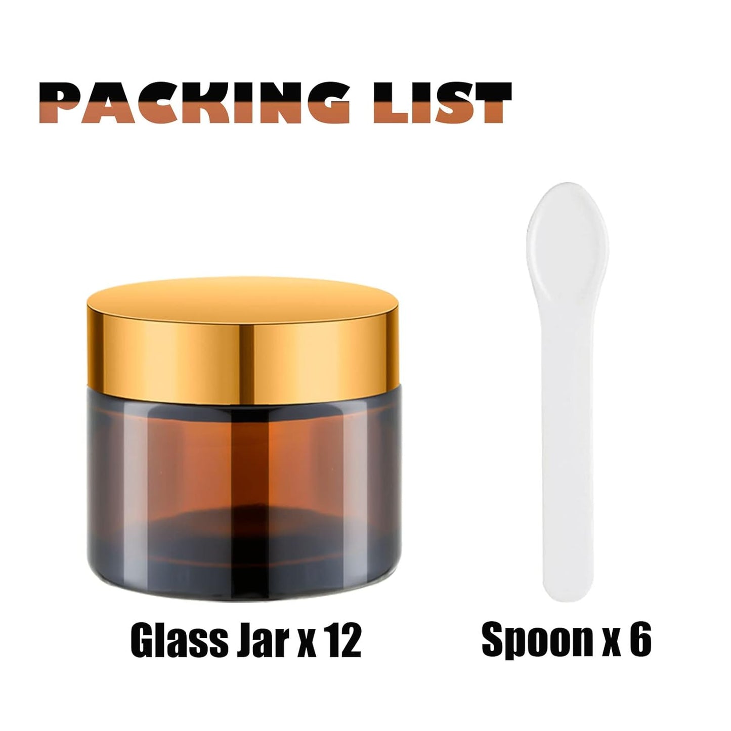 Lil Ray 2 Oz Glass Cream Jars with Gold Lid, Empty Amber Glass Containers, Refillable Cosmetic Vials for Lotion, Ointment (12 PCS)