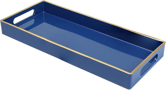 Blue Bathroom Vanity Tray for Countertop, Small Plastic Toilet Tank Versatile Storage & Organization Tray for Makeup, Perfume, Desk, Kitchen, Candles, 13.7"x6"x1.4", 35HB