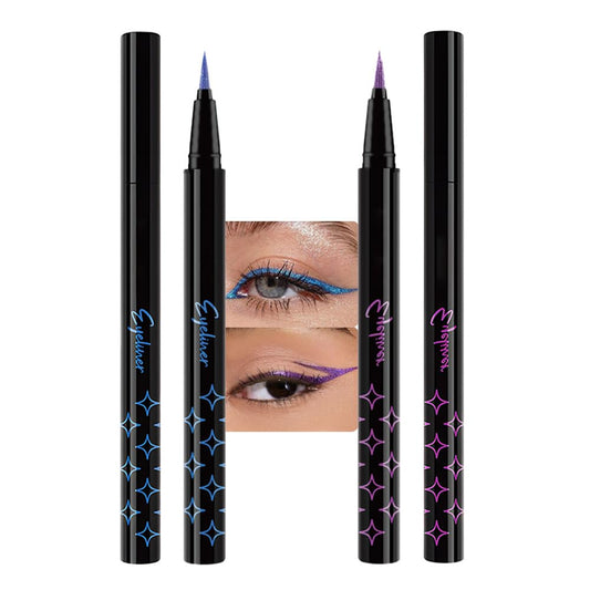 HHLOH 2PCS Metallic Glitter Coloured Liquid Eyeliner Pens Set01– Waterproof Mark Purple or Blue Long-Lasting Sparkly Eye Makeup – Tattoo-Effect Ink Liners for Women & Men,Delineador Líquido con Brillo
