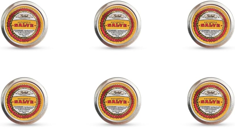 Rawleigh Antiseptic Yellow Salve Small Tin: 0.96 oz, Natural, Multi-Purpose Ointment Soothes Skin Cuts, Bruises, Irritations, with Turpentine, Phenol, Cottonseed Oil, Original Formula - Pack of 6