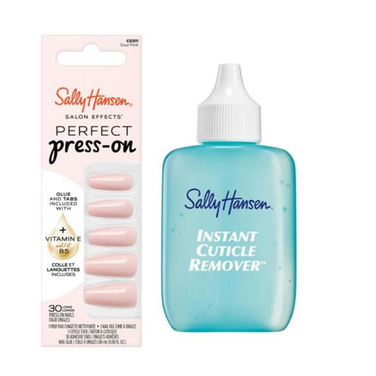Sally Hansen Instant Cuticle Remover & Salon Effects Soul Pink Press On Nails Kit - 15 Second Cuticle Remover with Aloe & 30 Nail Designs with Nail Glue