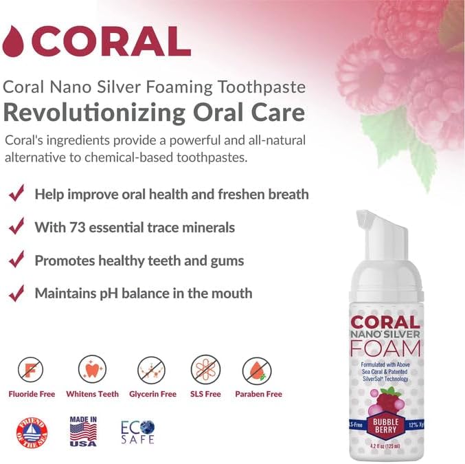 Coral Nano Silver Kids Fluoride Free Foaming Bubble Berry Coral Calcium Toothpaste, Natural Formula, SLS and Glycerin Free - 4 Ounce