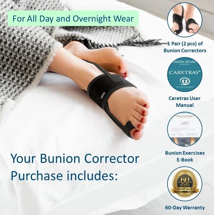 Caretras 2-Pack Bunion Corrector for Women & Men, Orthopedic Bunion Splint for Hallux Valgus Pain Relief, Big Toe Separator, Adjustable Day/Night Support, Comfortable Hammer Toe Straightener