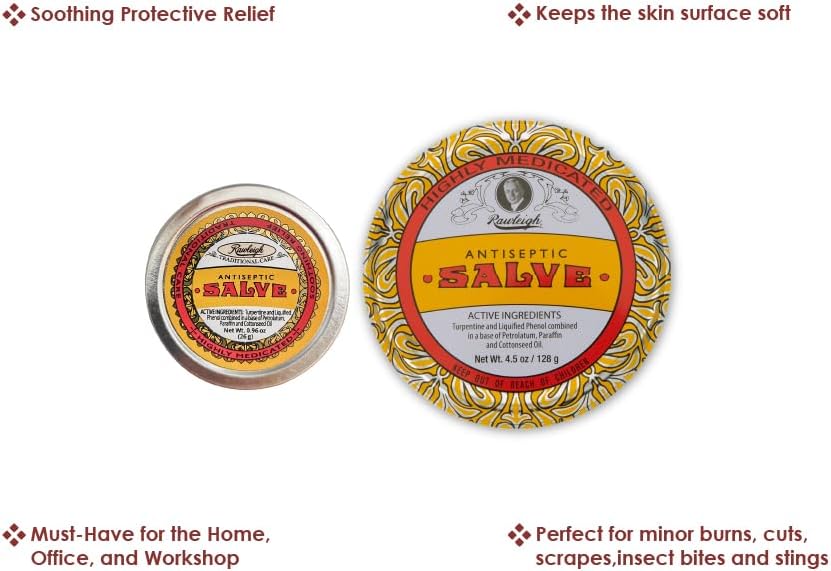 Rawleigh Antiseptic Salve Iconic Yellow Big Tin: 4.5 oz, Natural, Multi-Purpose Ointment Soothes Skin Cuts, Bruises, Irritations, with Turpentine, Phenol, Cottonseed Oil, Original Formula - Pack of 1